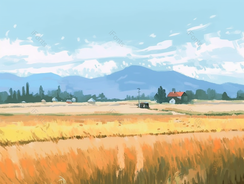 秋季原野稻田麦子丰收原野唯美插画背景,插画/手绘图,插画/手绘图库,插画/手绘图下载,插画/手绘